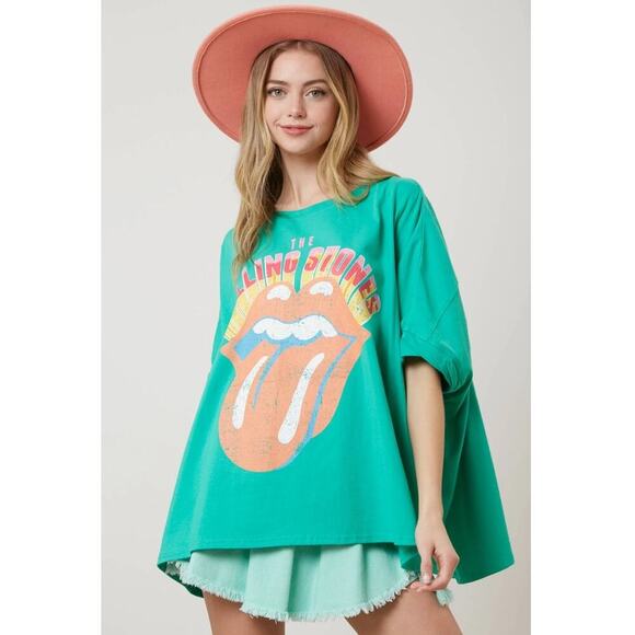 Fantastic Fawn Rolling Stones Green Oversized Shirt Tongue Graphic Womens Medium - Picture 12 of 12